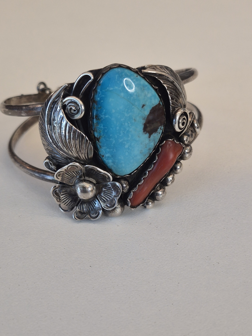 Turquoise and Coral Sterling Silver Feather & Floral Cuff Bracelet 32.8g Stamped